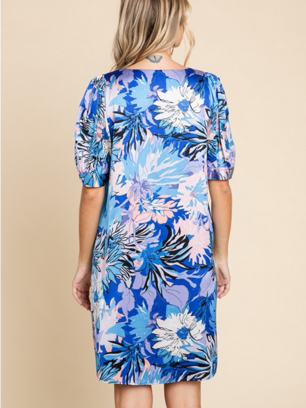 Blue Satin Floral V-Neck Puff Sleeve Dress - Picture 3 of 3